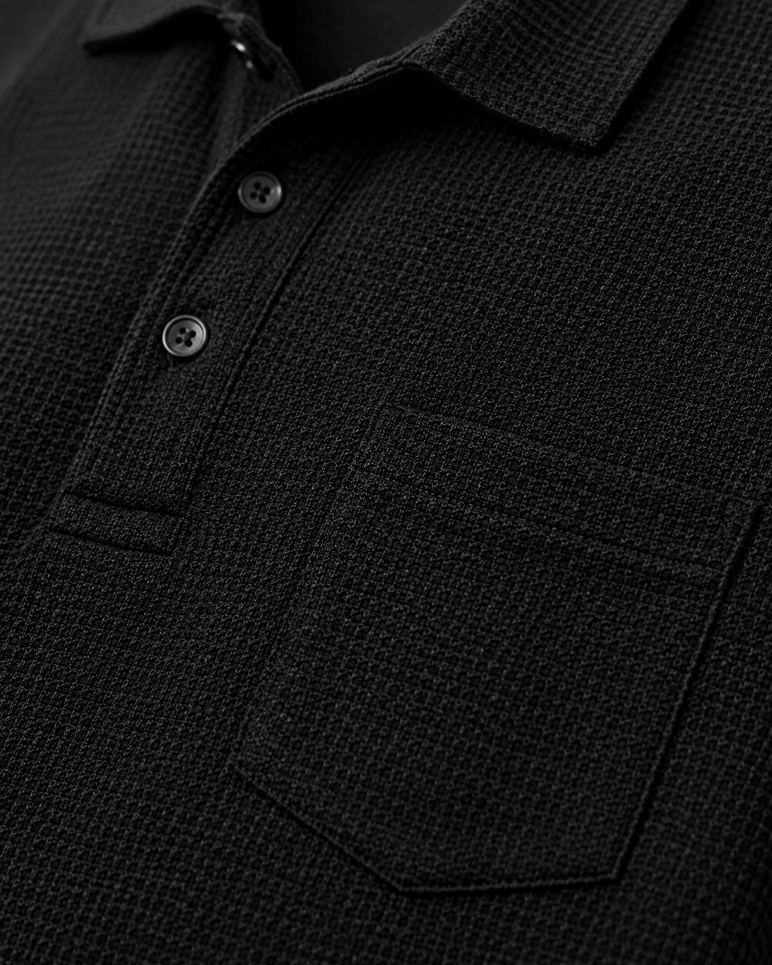 Pomence™ Textured Pocket Polo. Pomence Textured Pocket Polo, chest pocket and button placket close up