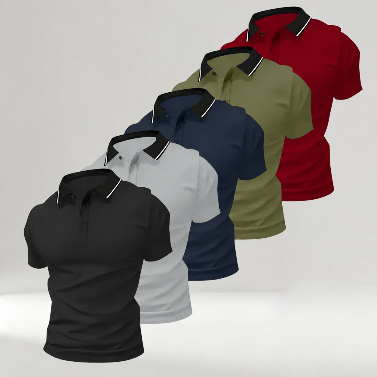 Pomence Men's 5-Pack Polo Shirts. Black + Gray + Dark Blue + Army Green + Red