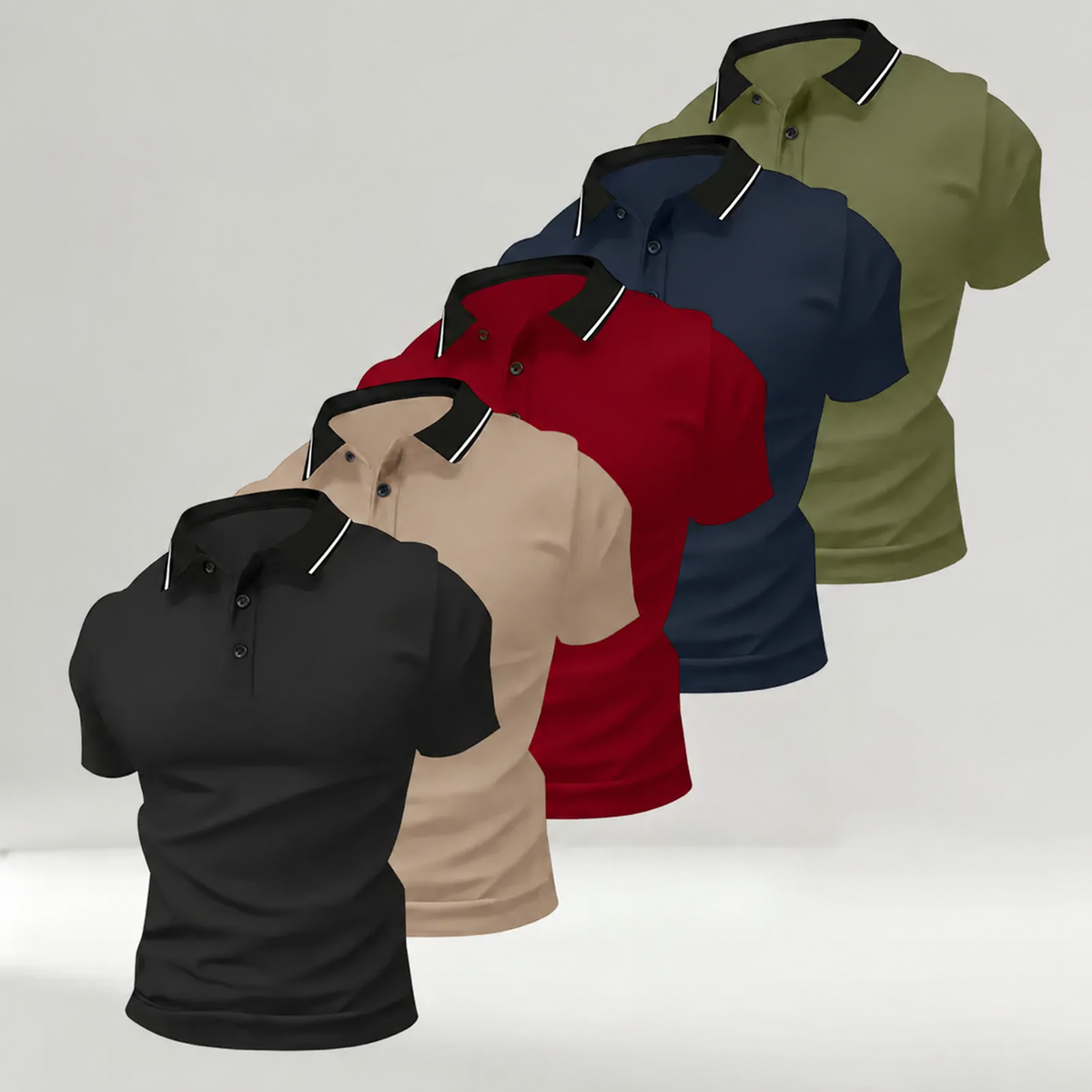 Pomence Men's 5-Pack Polo Shirts. Black + Khaki + Red + Navy Blue + Army Green