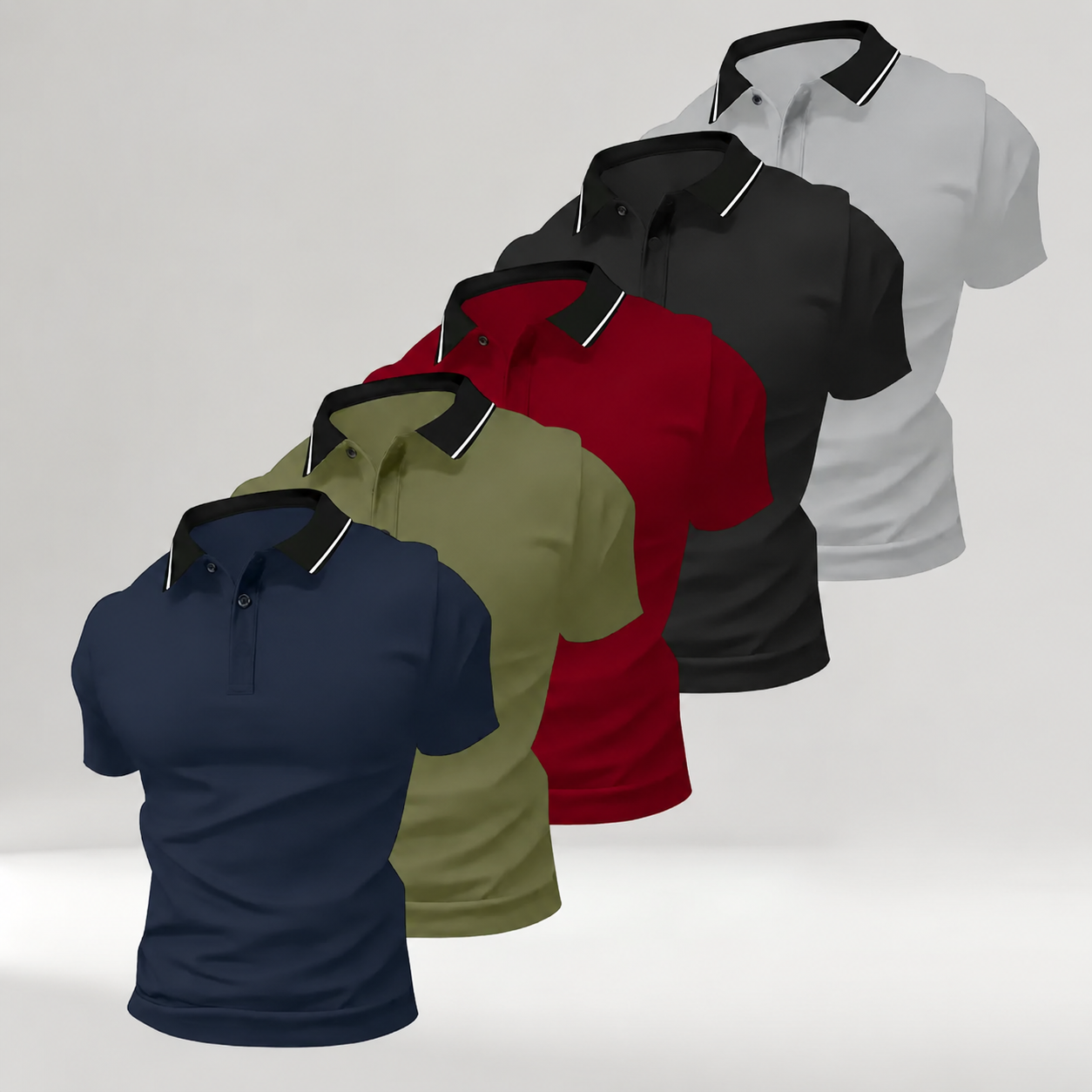 Pomence Men's 5-Pack Polo Shirts. Dark Blue + Army Green + Red + Black + Gray