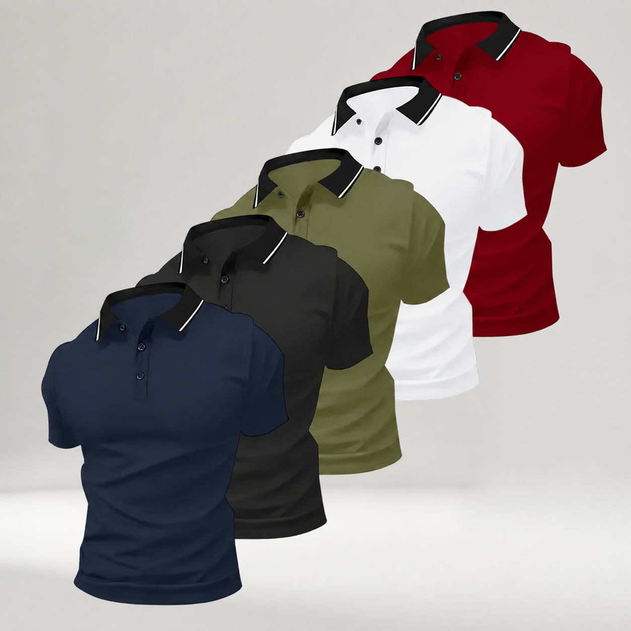 Pomence Men's 5-Pack Polo Shirts. Dark Blue + Black + Army Green + White + Red