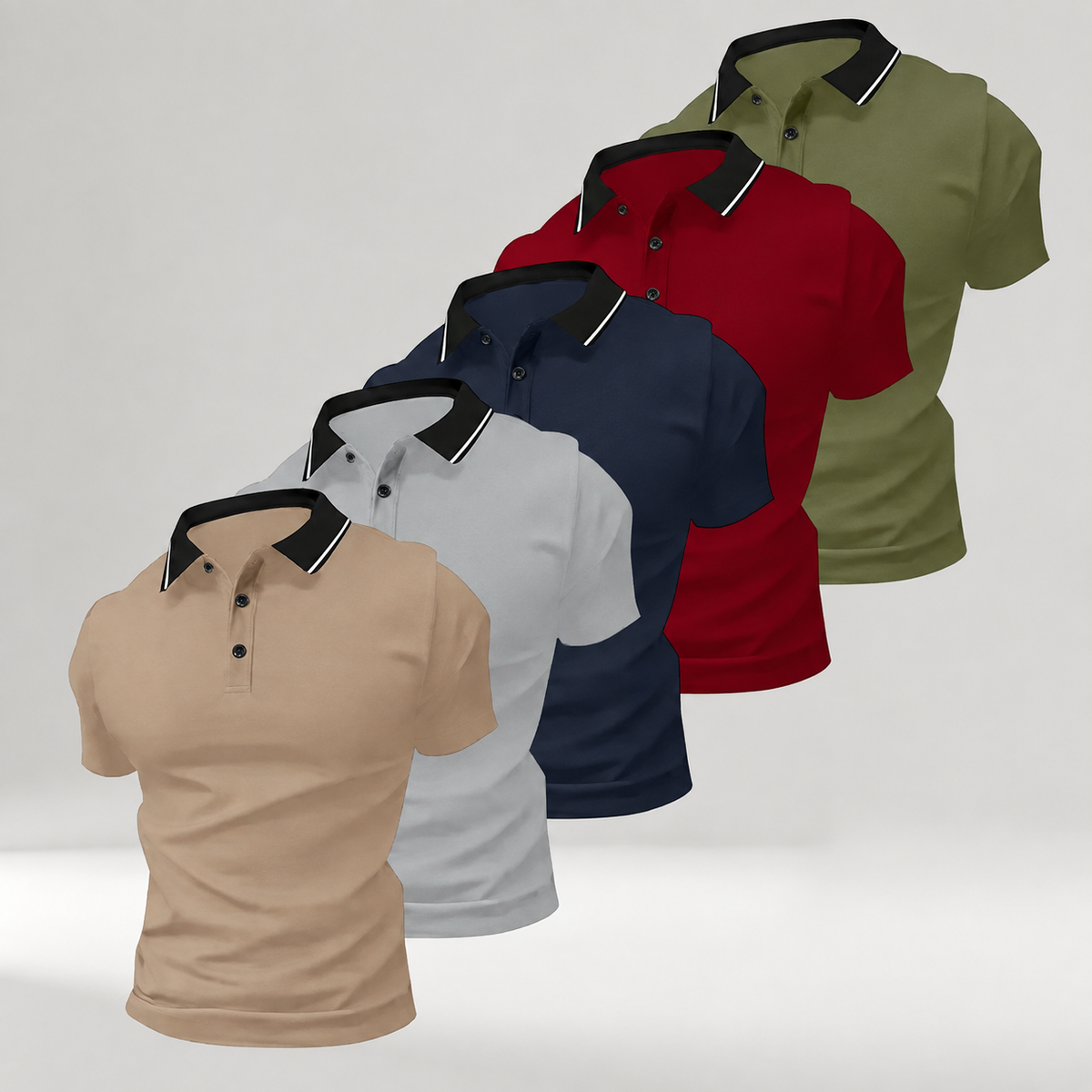 Pomence Men's 5-Pack Polo Shirts. Khaki + Gray + Dark Blue + Red + Army Green