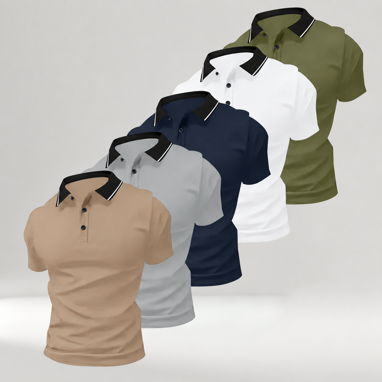 Pomence Men's 5-Pack Polo Shirts. Khaki + Gray + Dark Blue + White + Army Green