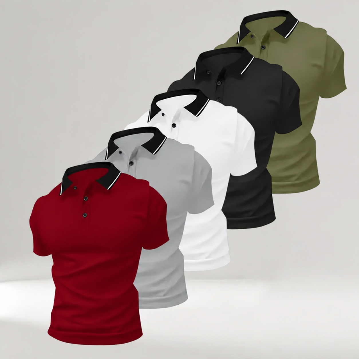 Pomence Men's 5-Pack Polo Shirts. Red + Gray + White + Black + Army Green