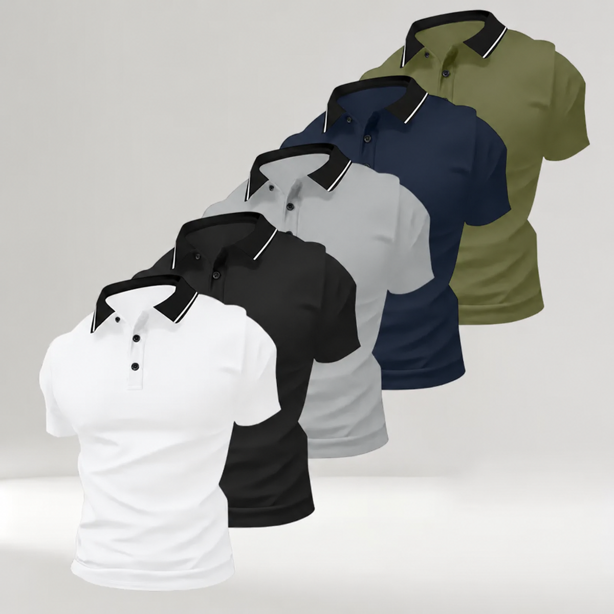 Pomence Men's 5-Pack Polo Shirts. White + Black + Gray + Dark Blue + Army Green