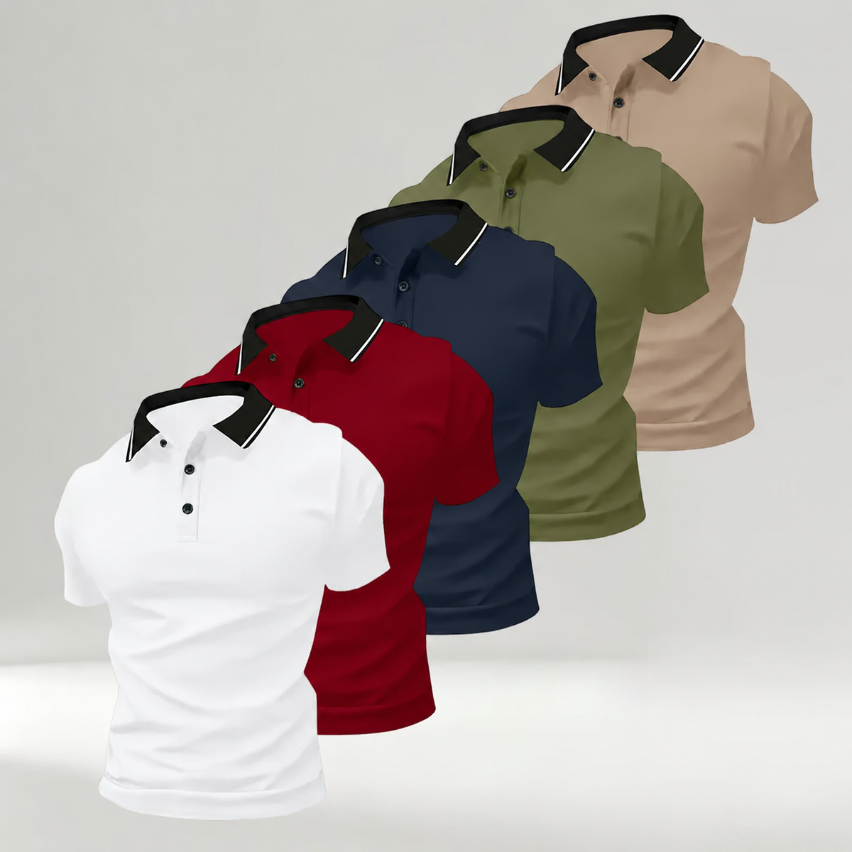 Pomence Men's 5-Pack Polo Shirts. White + Red + Dark Blue + Army Green + Khaki