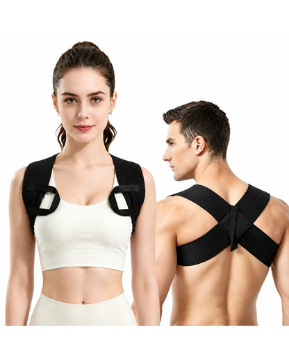 Pomence™ Posture Support Shoulder Straps. Pomence Posture Support Shoulder Straps worn front and back, black