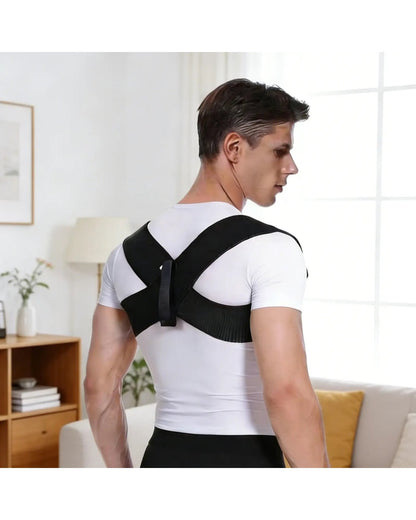 Pomence™ Posture Support Shoulder Straps. Posture support shoulder straps worn over a white t-shirt, back view