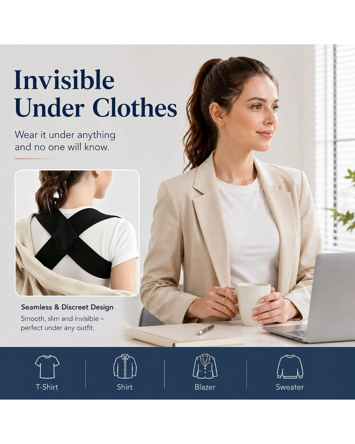 Pomence™ Posture Support Shoulder Straps. The straps sitting invisibly under a blazer at a desk