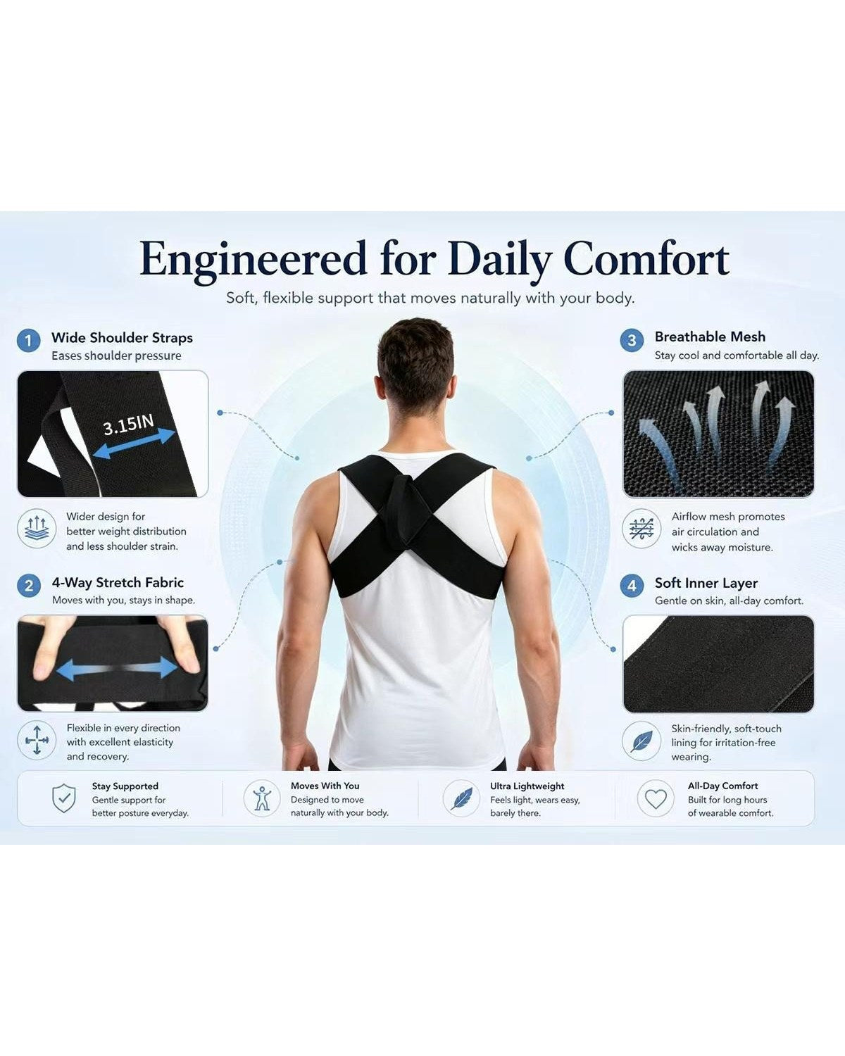 Pomence™ Posture Support Shoulder Straps. Wide shoulder straps, four-way stretch fabric, breathable mesh and soft inner layer