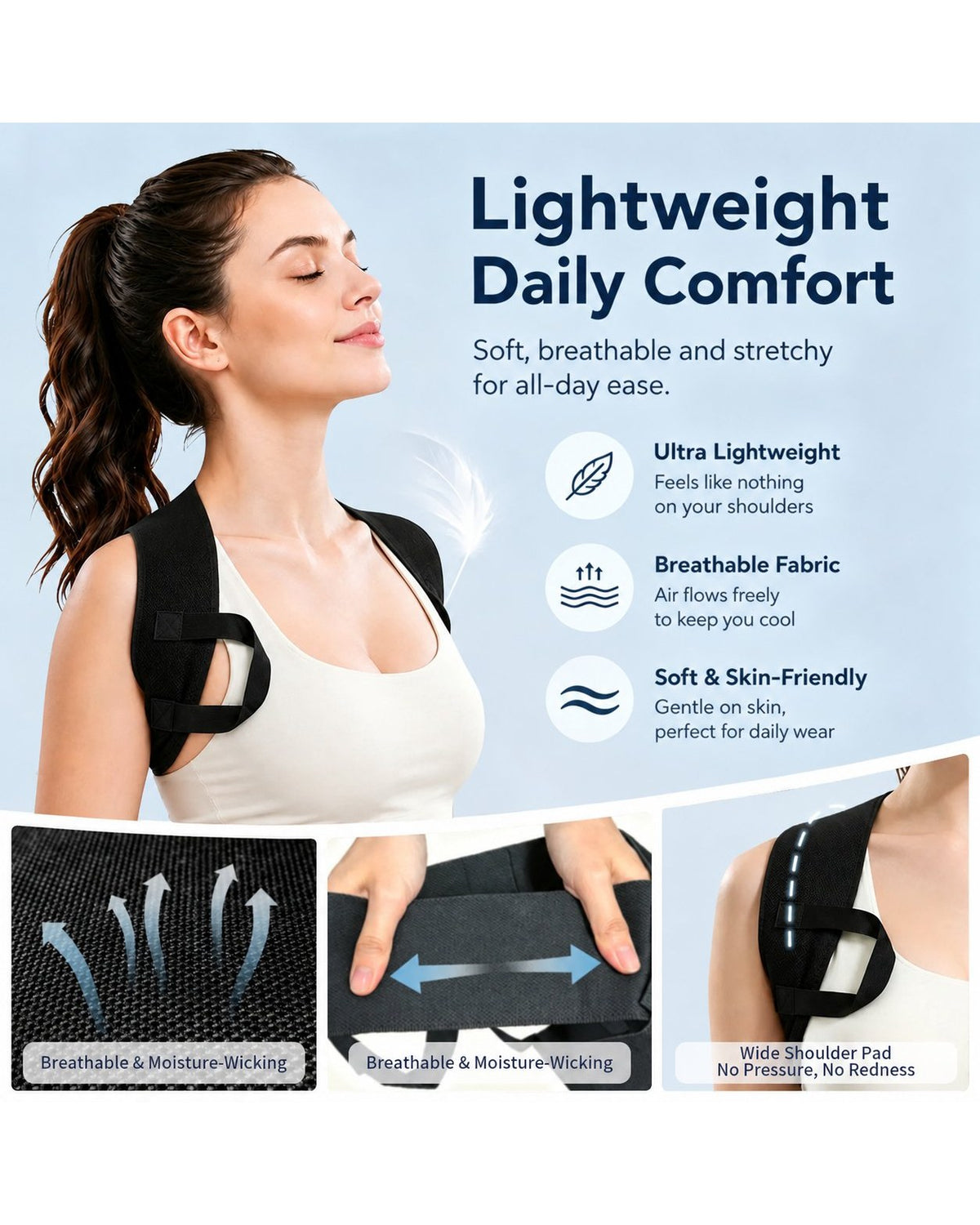 Pomence™ Posture Support Shoulder Straps. Lightweight breathable fabric and wide shoulder pad detail