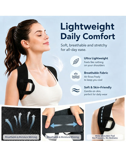 Pomence™ Posture Support Shoulder Straps. Lightweight breathable fabric and wide shoulder pad detail