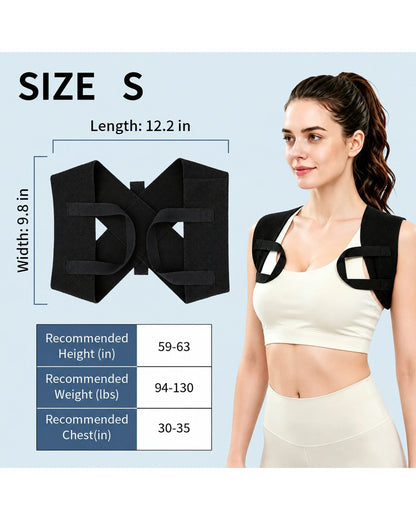 Pomence™ Posture Support Shoulder Straps. Size S laid flat, 12.2 in long and 9.8 in wide, with its recommended height, weight and chest