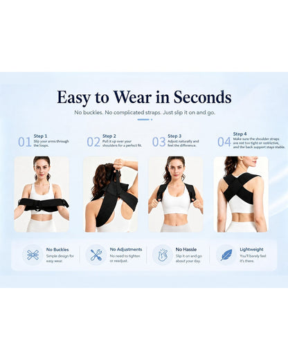 Pomence™ Posture Support Shoulder Straps. Four steps to put the shoulder straps on, no buckles and nothing to tighten