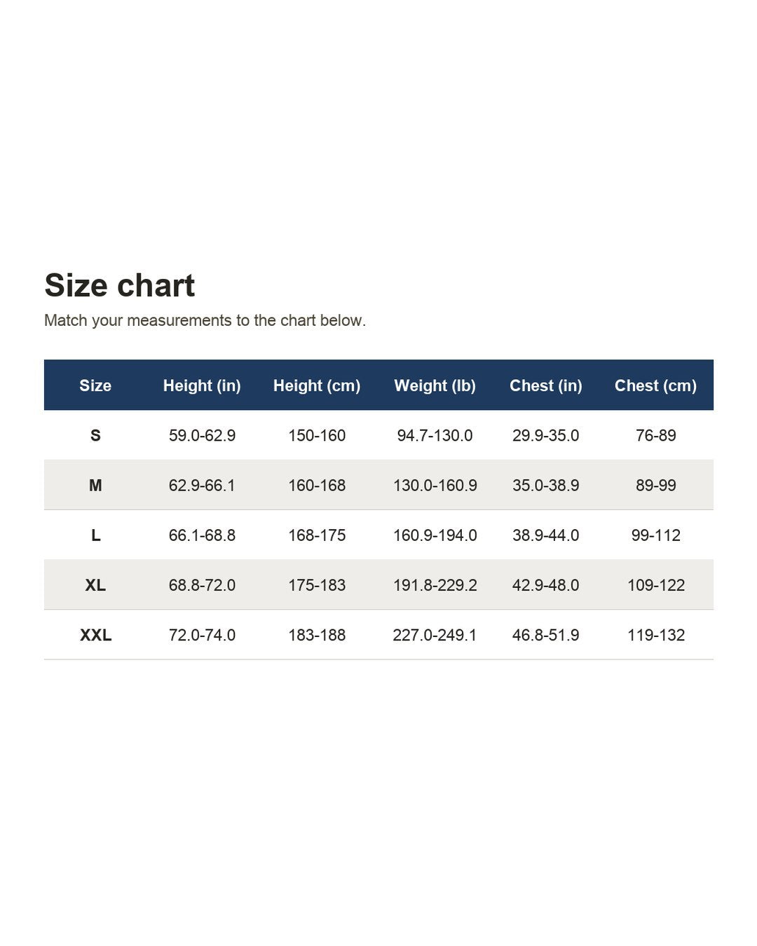 Pomence™ Posture Support Shoulder Straps. Size chart