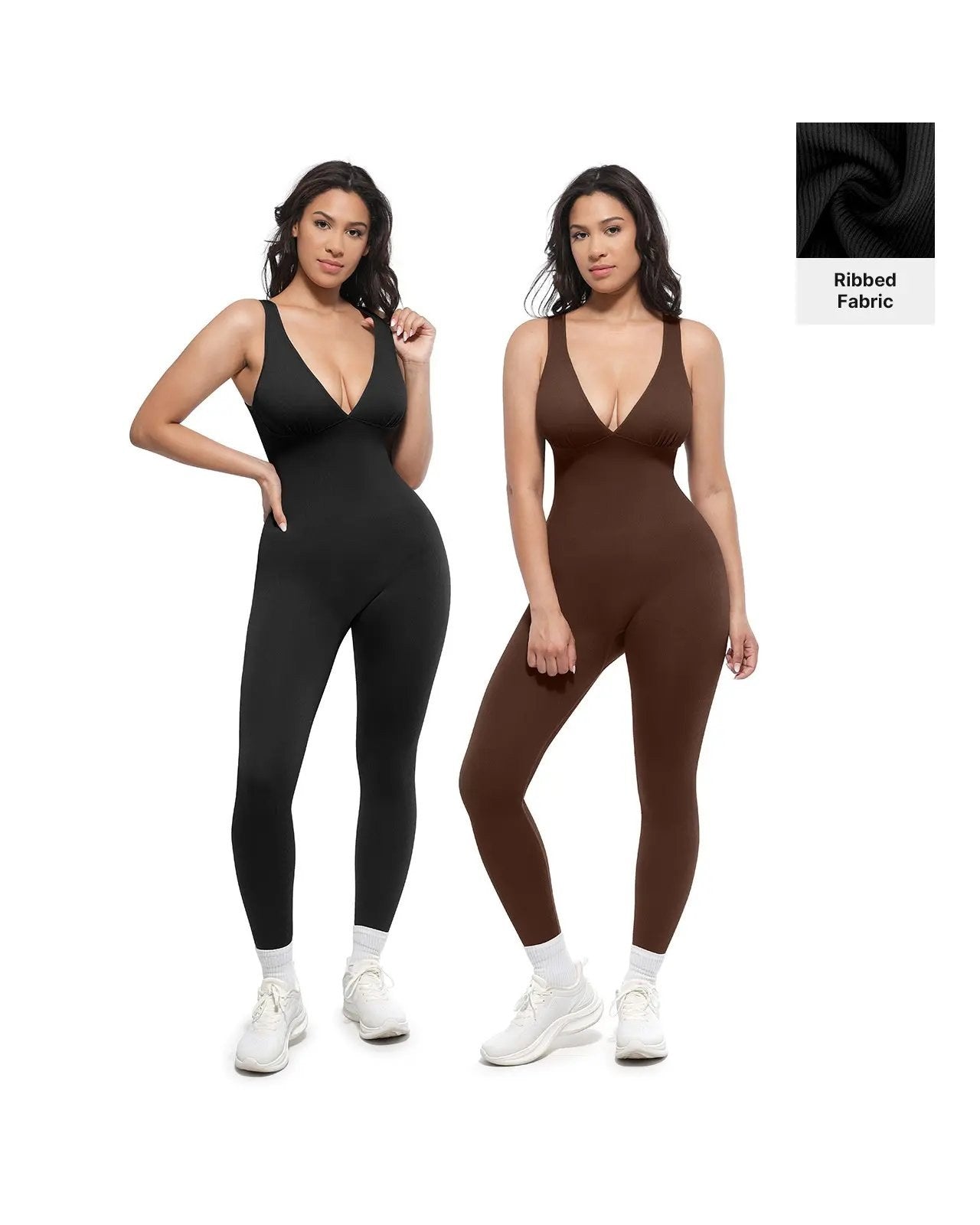 Pomence Women's Deep V Compression Shapewear Jumpsuit. Pomence Deep V Compression Shapewear Jumpsuit in Black and Brown