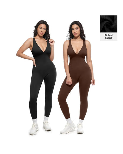 Pomence Women's Deep V Compression Shapewear Jumpsuit. Pomence Deep V Compression Shapewear Jumpsuit in Black and Brown