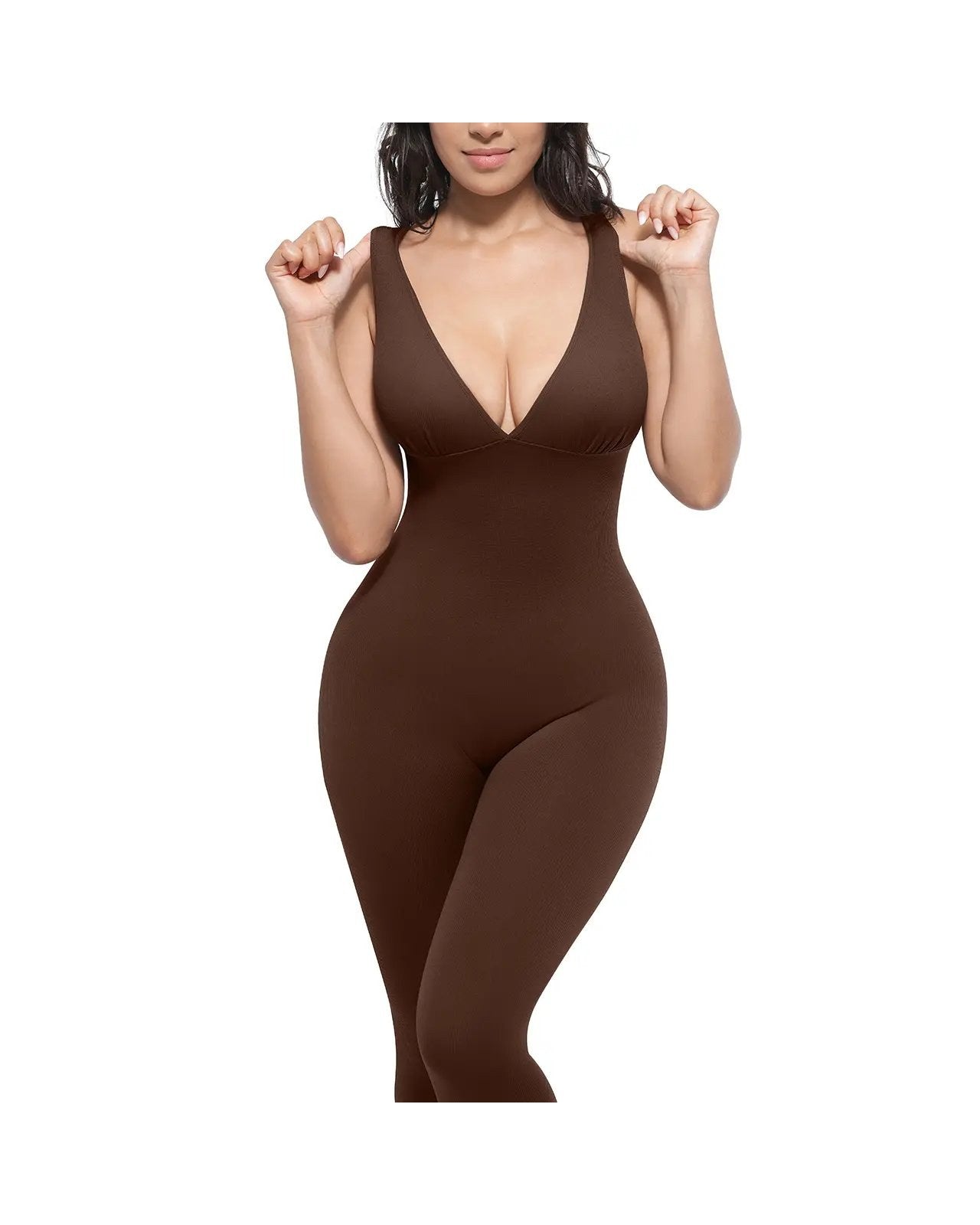 Pomence Women's Deep V Compression Shapewear Jumpsuit. Pomence Deep V Compression Shapewear Jumpsuit, Brown