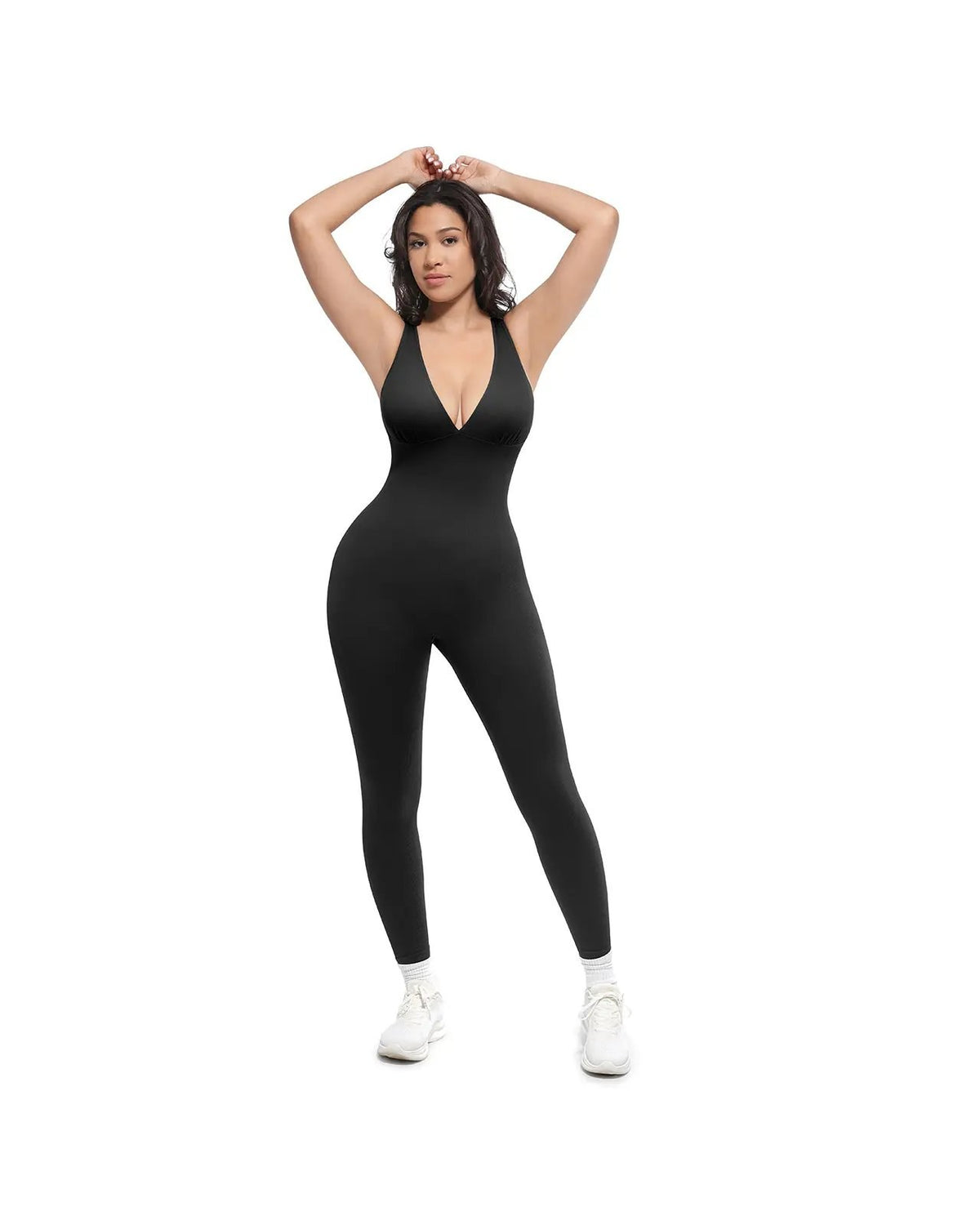 Pomence Women's Deep V Compression Shapewear Jumpsuit. Pomence Deep V Compression Shapewear Jumpsuit, Black, front detail