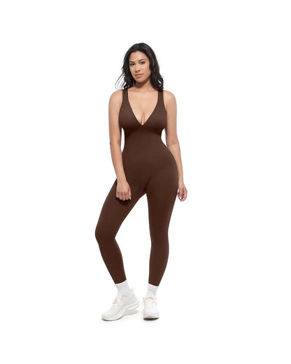 Pomence Women's Deep V Compression Shapewear Jumpsuit. Pomence Deep V Compression Shapewear Jumpsuit, Brown, back detail
