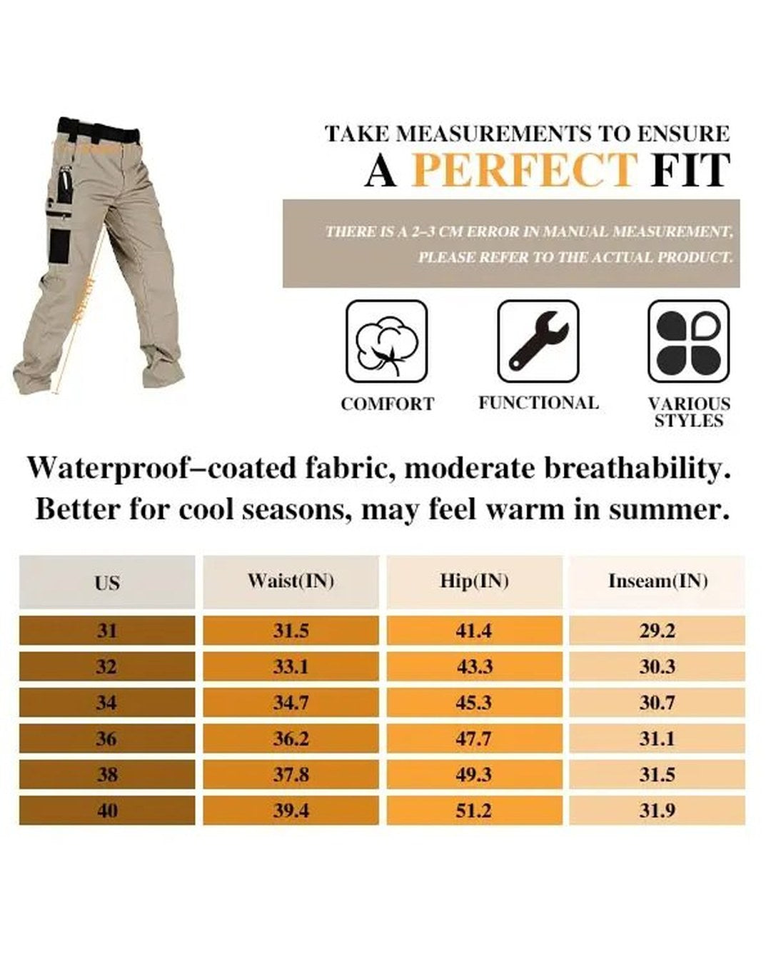 Pomence Men's Tactical Work Pants. Pomence Men's Tactical Work Pants size chart