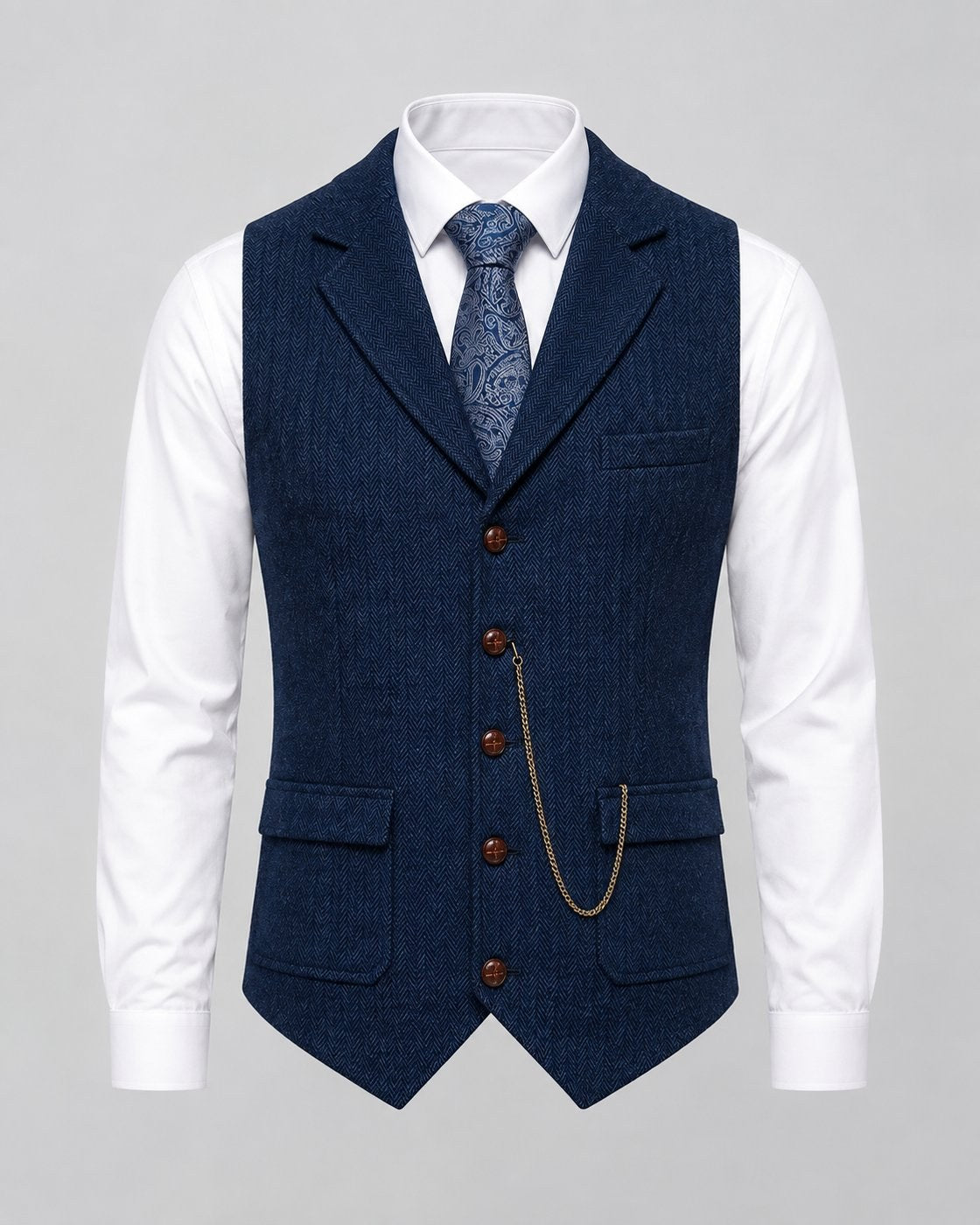 Pomence™ Herringbone Tweed Waistcoat. Pomence Herringbone Tweed Waistcoat, front view over a white shirt, Midnight Navy