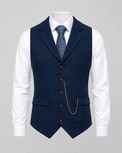 Pomence™ Herringbone Tweed Waistcoat. Pomence Herringbone Tweed Waistcoat, front view over a white shirt, Midnight Navy