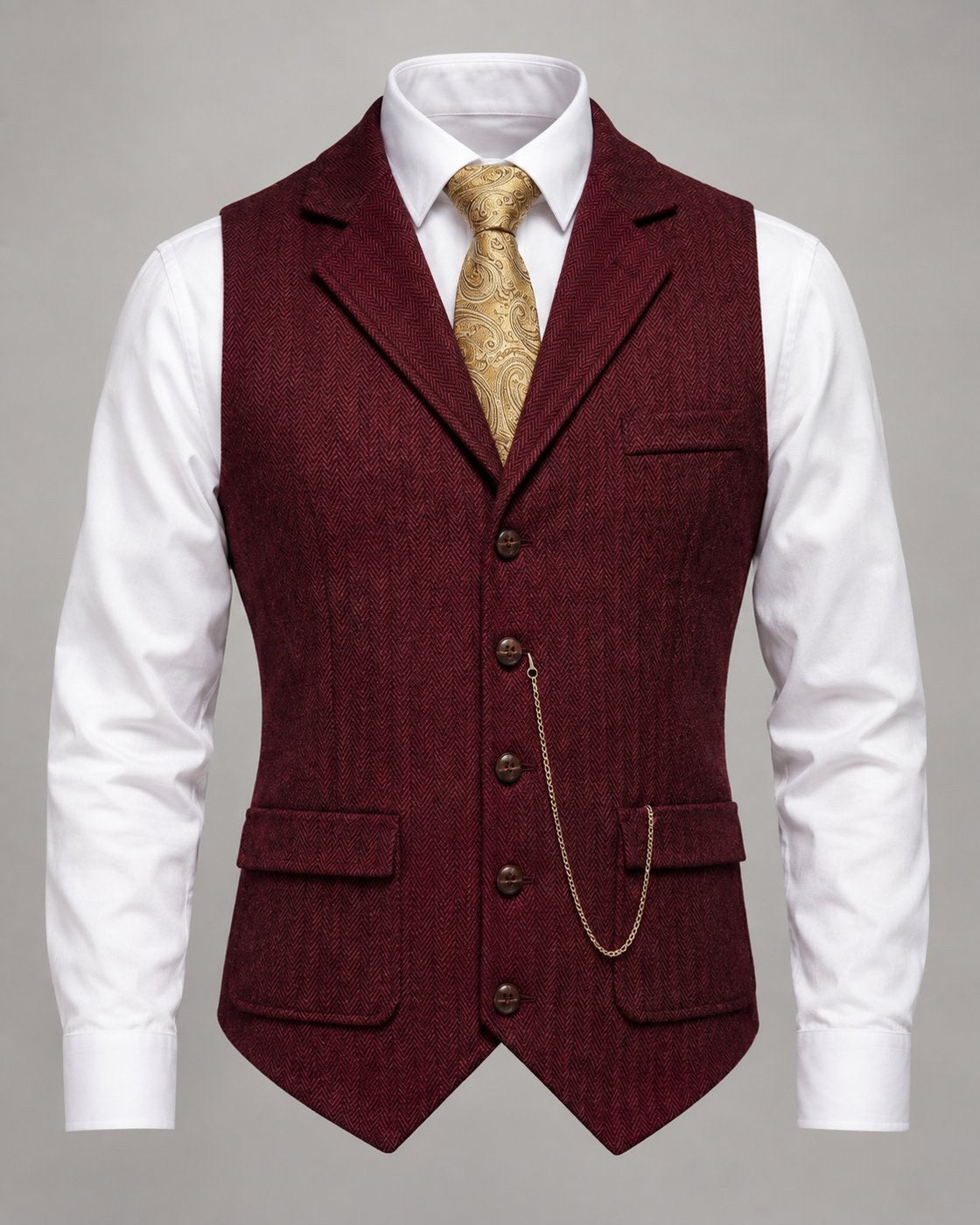 Pomence™ Herringbone Tweed Waistcoat. Pomence Herringbone Tweed Waistcoat, front view, Crimson Red