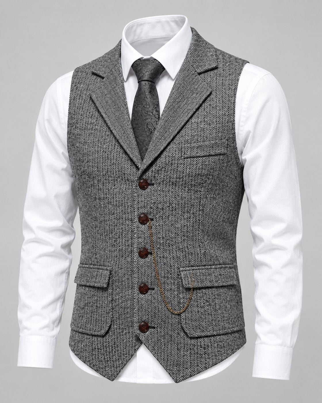Pomence™ Herringbone Tweed Waistcoat. Pomence Herringbone Tweed Waistcoat, front view, Gunmetal Gray