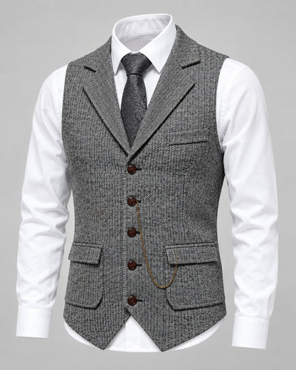 Pomence™ Herringbone Tweed Waistcoat. Pomence Herringbone Tweed Waistcoat, front view, Gunmetal Gray