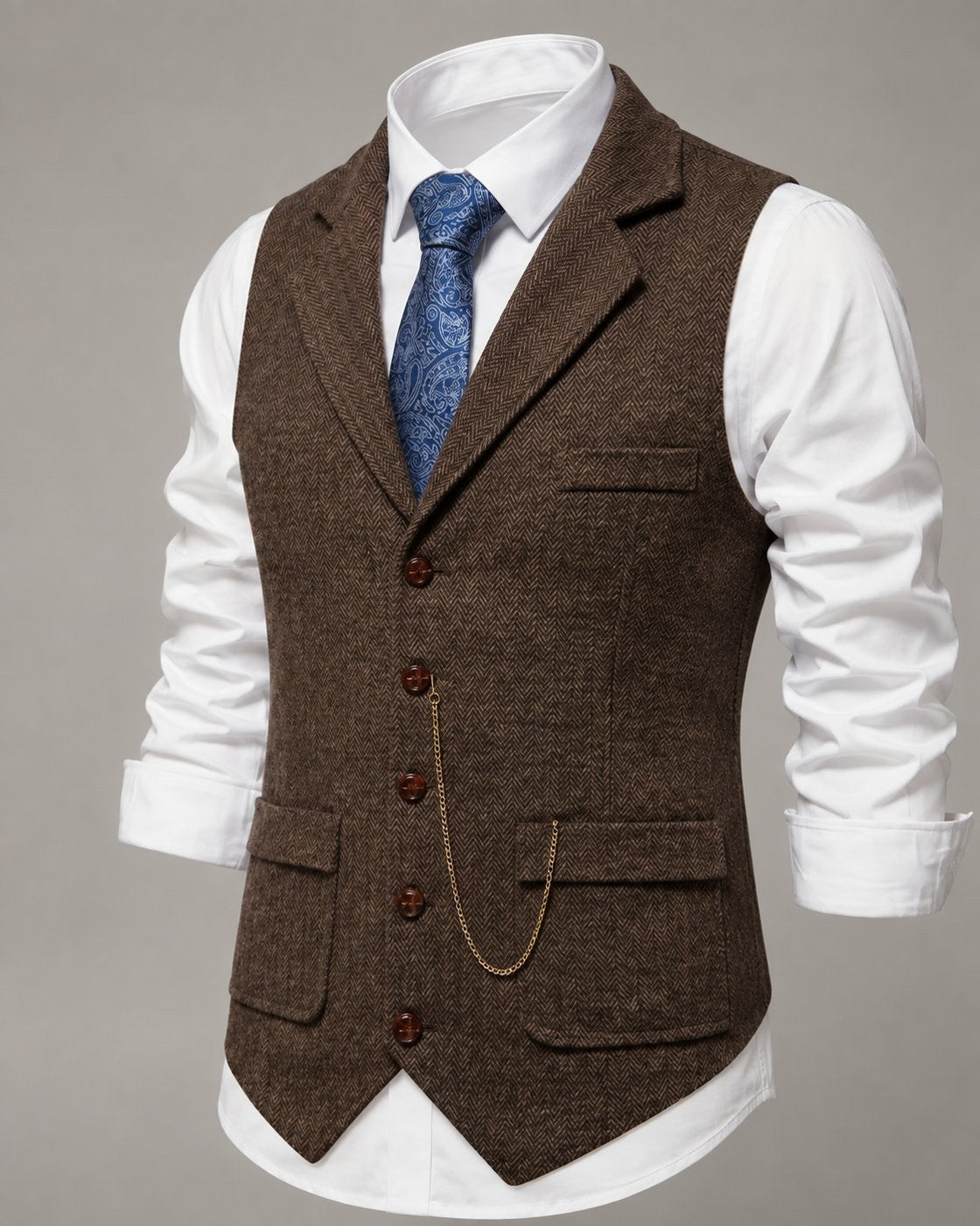 Pomence™ Herringbone Tweed Waistcoat. Pomence Herringbone Tweed Waistcoat, front view, Oxford Brown