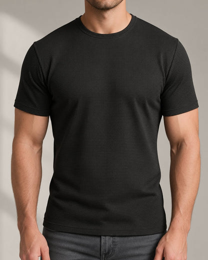 Pomence™ Textured Crew Tee. Pomence Textured Crew Tee worn, front view, Espresso Black