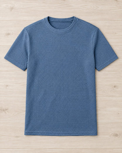 Pomence™ Textured Crew Tee. Pomence Textured Crew Tee, flat lay, Coastal Blue