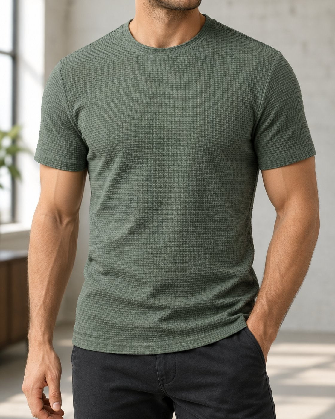 Pomence™ Textured Crew Tee. Pomence Textured Crew Tee worn, Sage Green