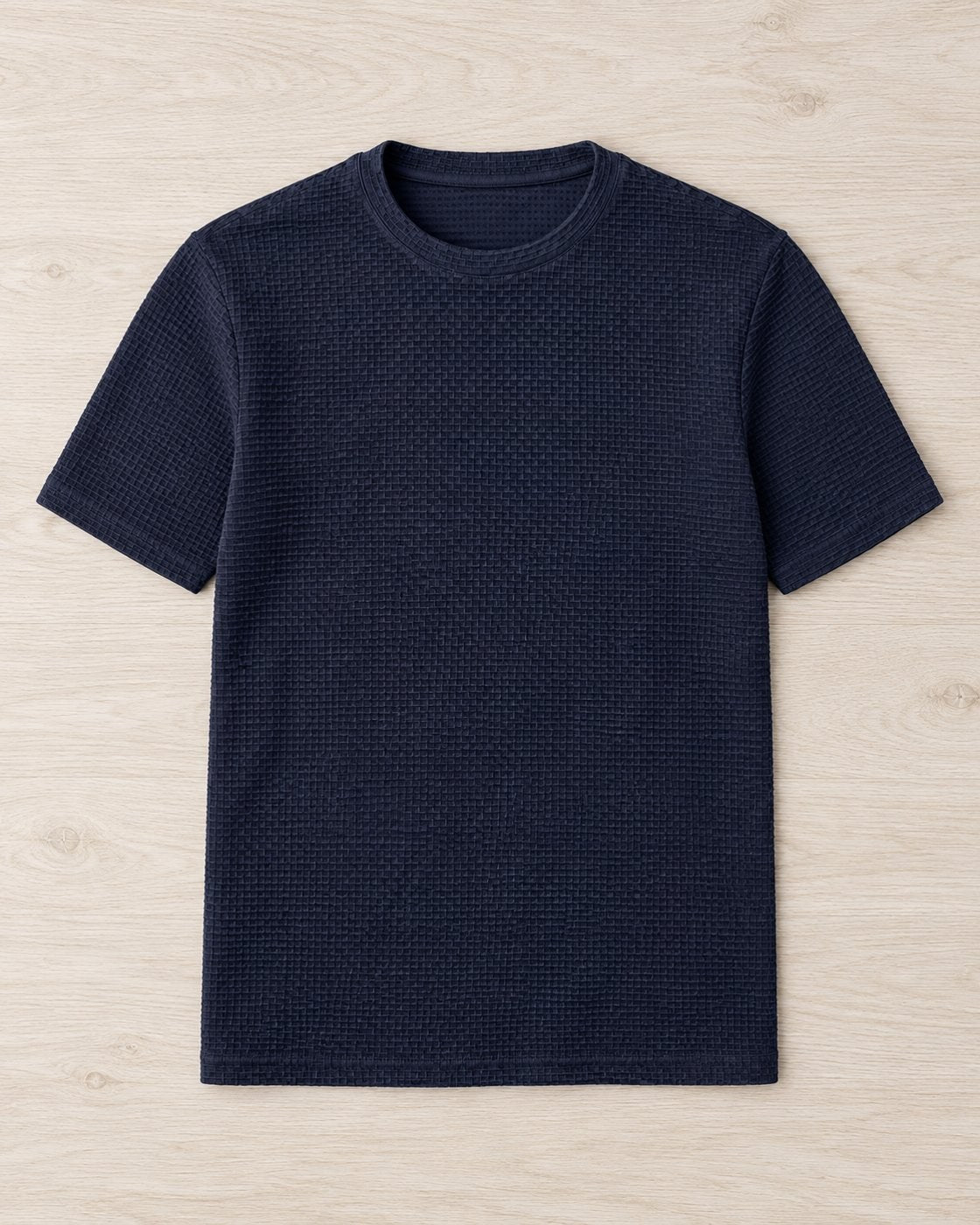 Pomence™ Textured Crew Tee. Pomence Textured Crew Tee, flat lay, Midnight Navy