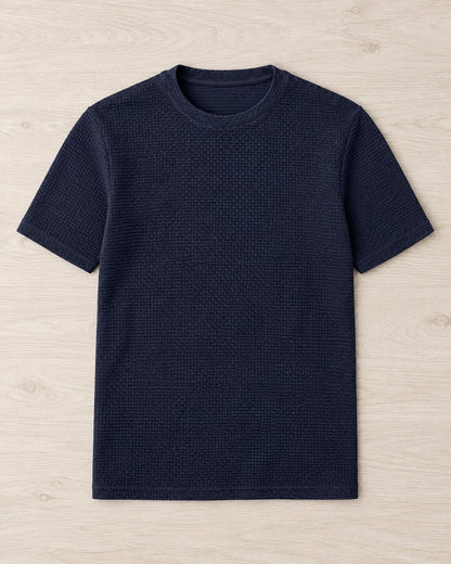 Pomence™ Textured Crew Tee. Pomence Textured Crew Tee, flat lay, Midnight Navy