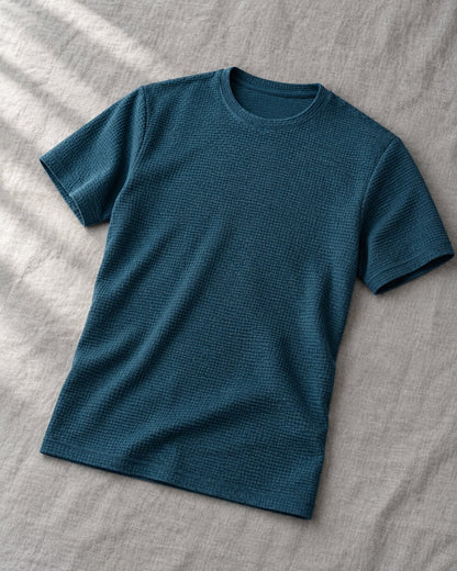 Pomence™ Textured Crew Tee. Pomence Textured Crew Tee, flat lay, Regal Teal