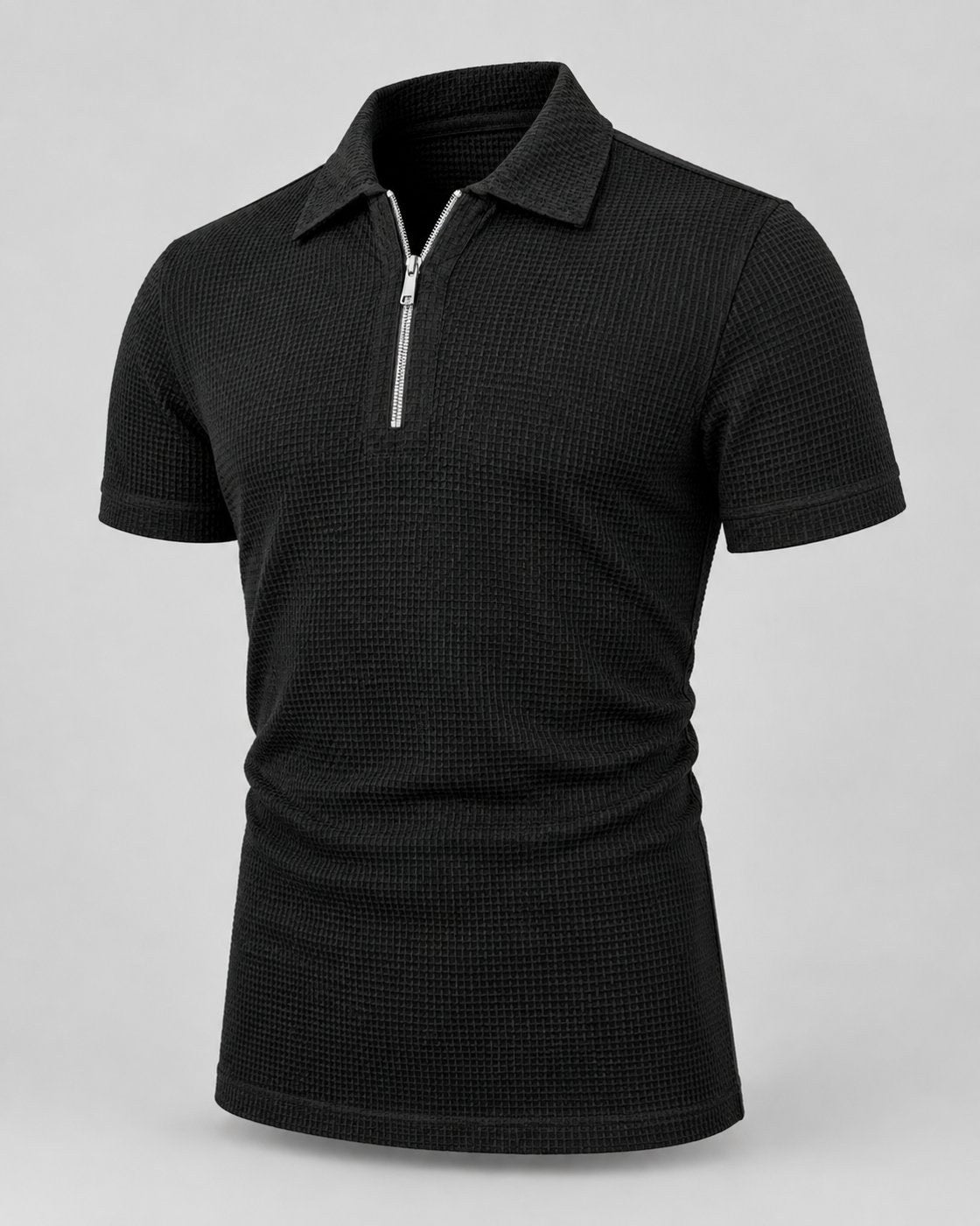 Pomence™ Quarter-Zip Textured Polo. Quarter zip textured polo, front view, Espresso Black
