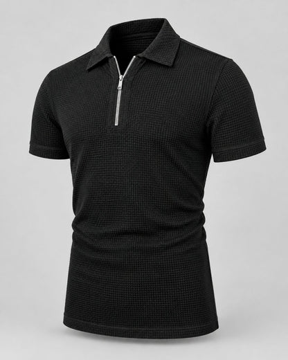 Pomence™ Quarter-Zip Textured Polo. Quarter zip textured polo, front view, Espresso Black
