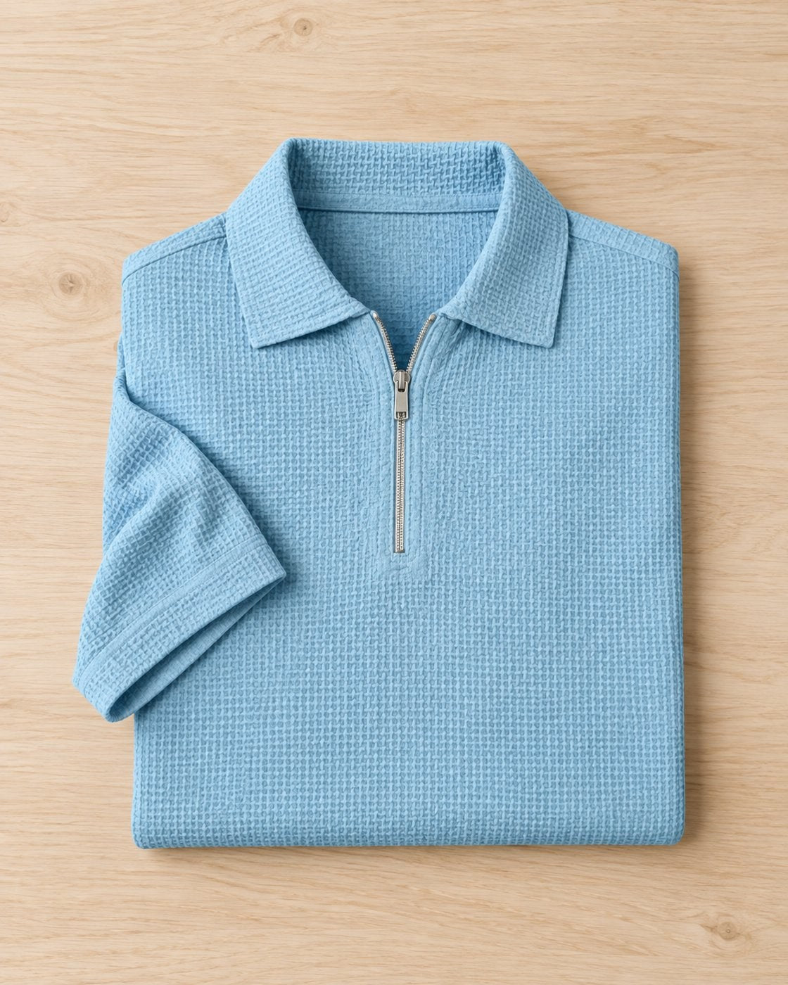 Pomence™ Quarter-Zip Textured Polo. Quarter zip textured polo, front view, Coastal Blue