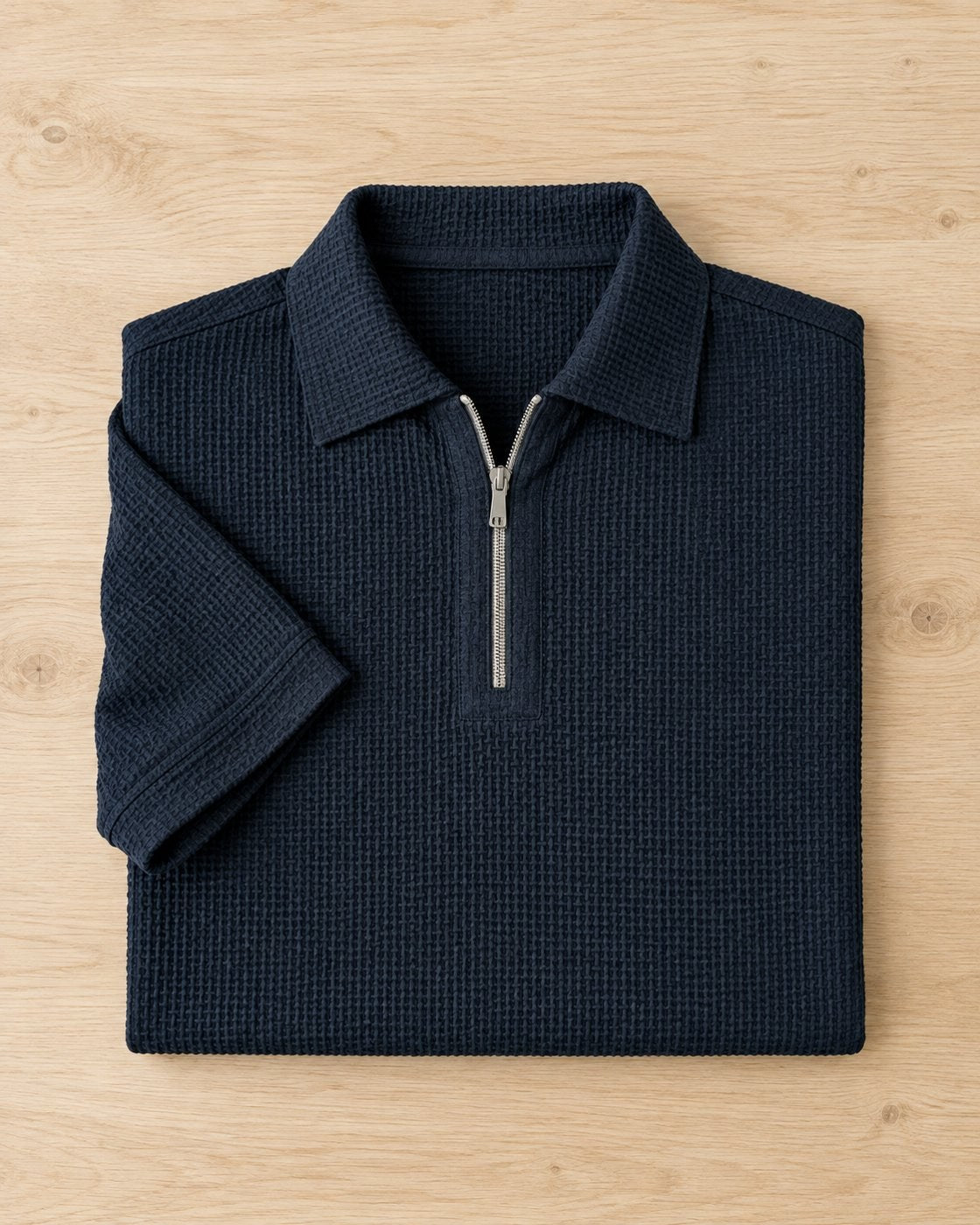 Pomence™ Quarter-Zip Textured Polo. Quarter zip textured polo, front view, Midnight Navy