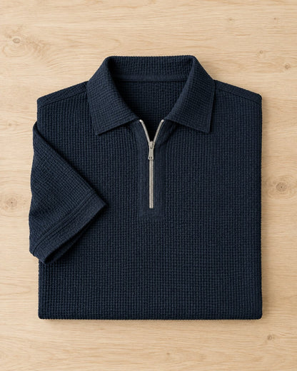Pomence™ Quarter-Zip Textured Polo. Quarter zip textured polo, front view, Midnight Navy
