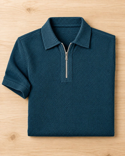 Pomence™ Quarter-Zip Textured Polo. Quarter zip textured polo, front view, Ocean Slate