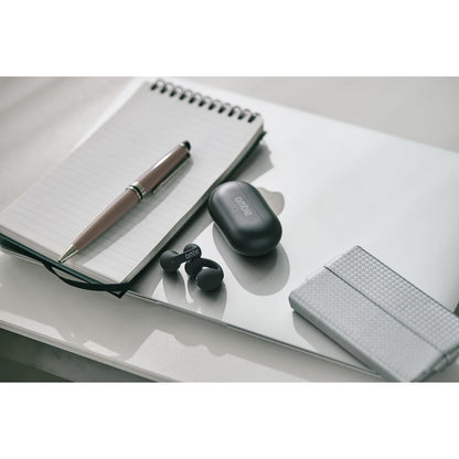 Ambie Sound Earcuffs AM-TW02. Ambie earcuffs and case on a desk