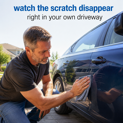 Man removing a scratch from his car door with Car Cloth in his driveway