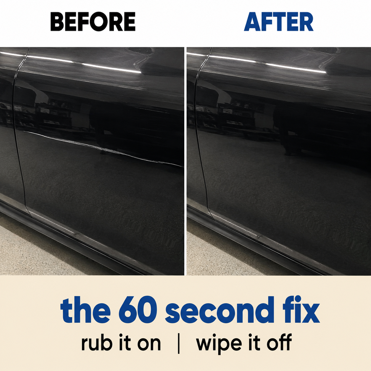 Before and after: black car door scratch removed with Car Cloth