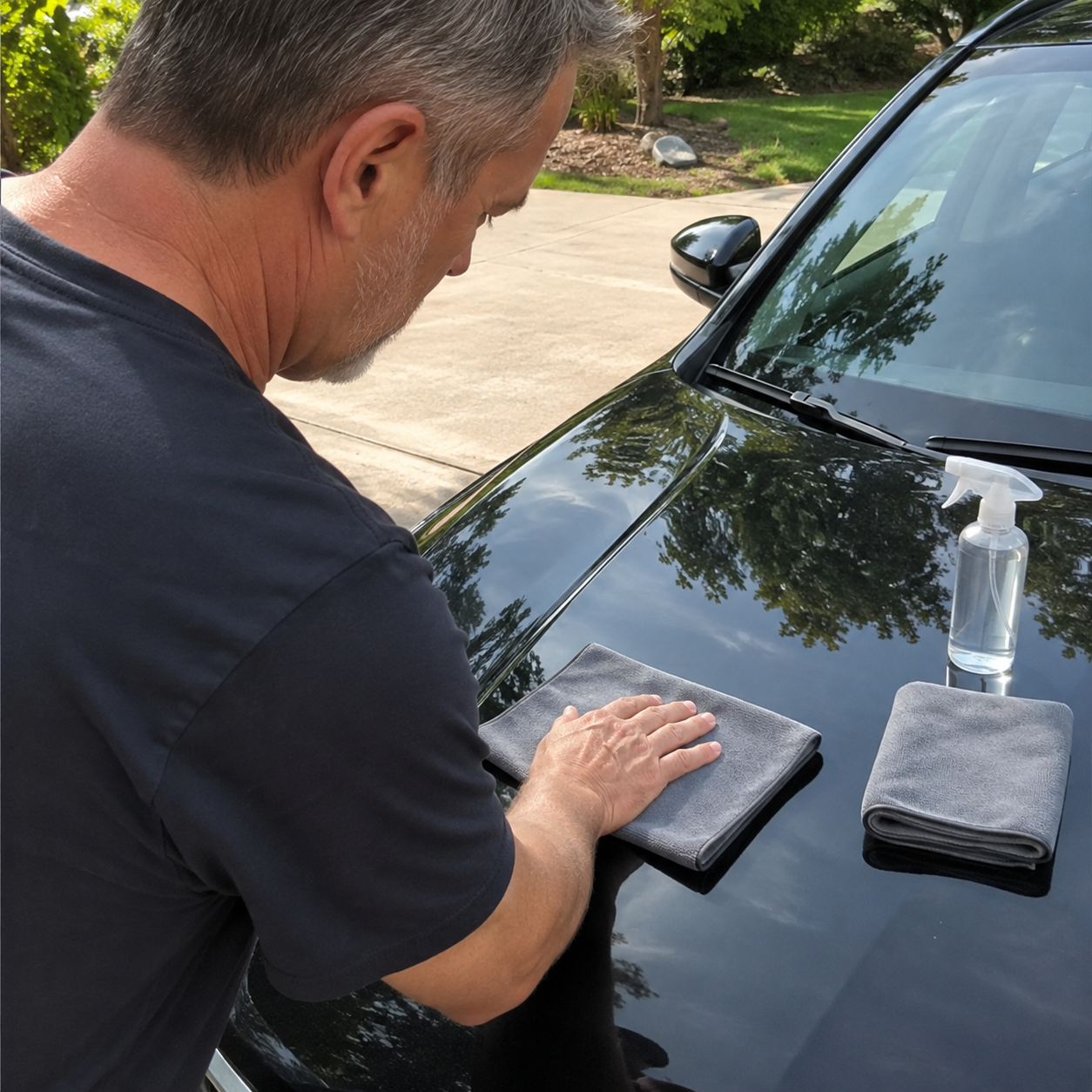 Car Cloth in use on a car hood with a second cloth and water spray beside it