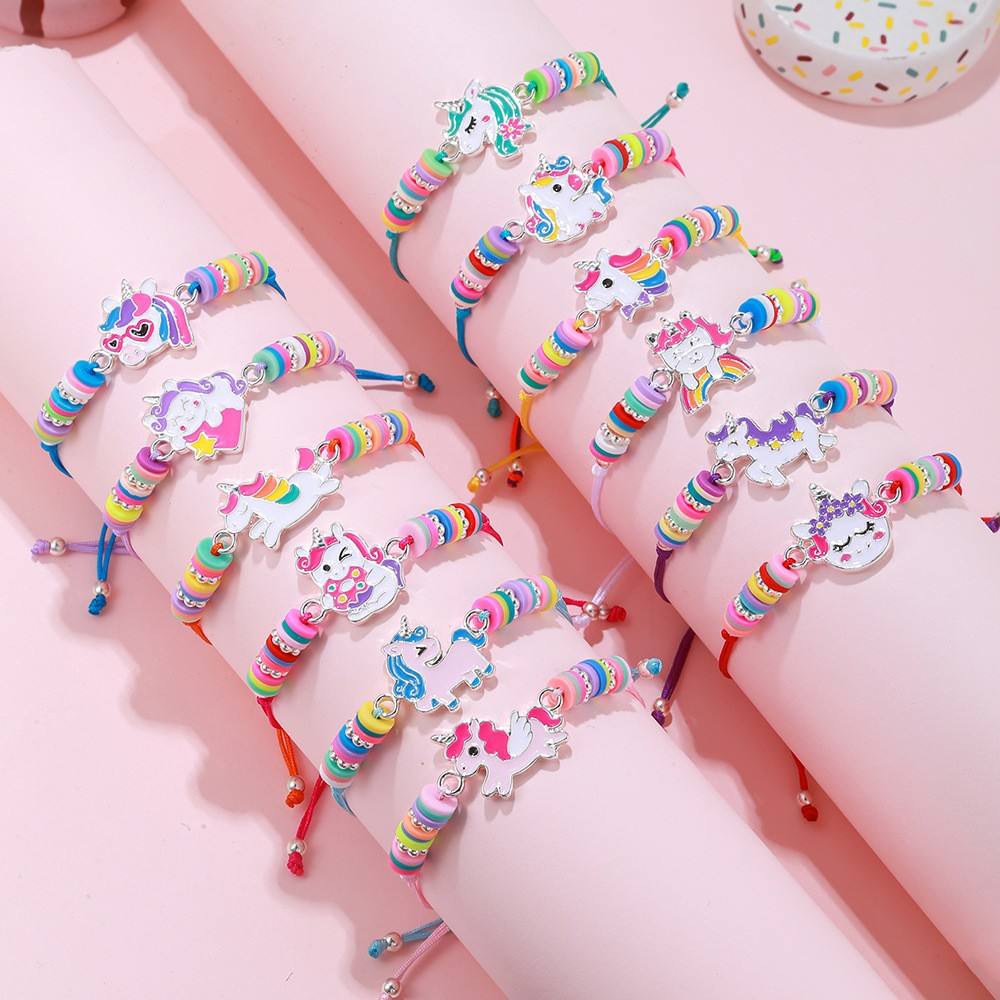 12-Piece Elastic Beaded Charm Bracelet Set, Assorted Cute Themes