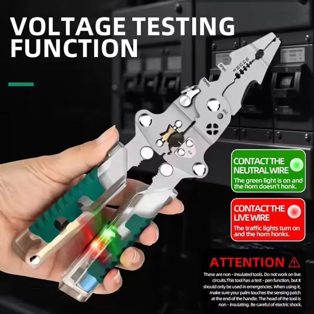 9-in-1 Foldable Multifunctional Wire Stripper, Professional Electrician Pliers with Built-in Voltage Tester