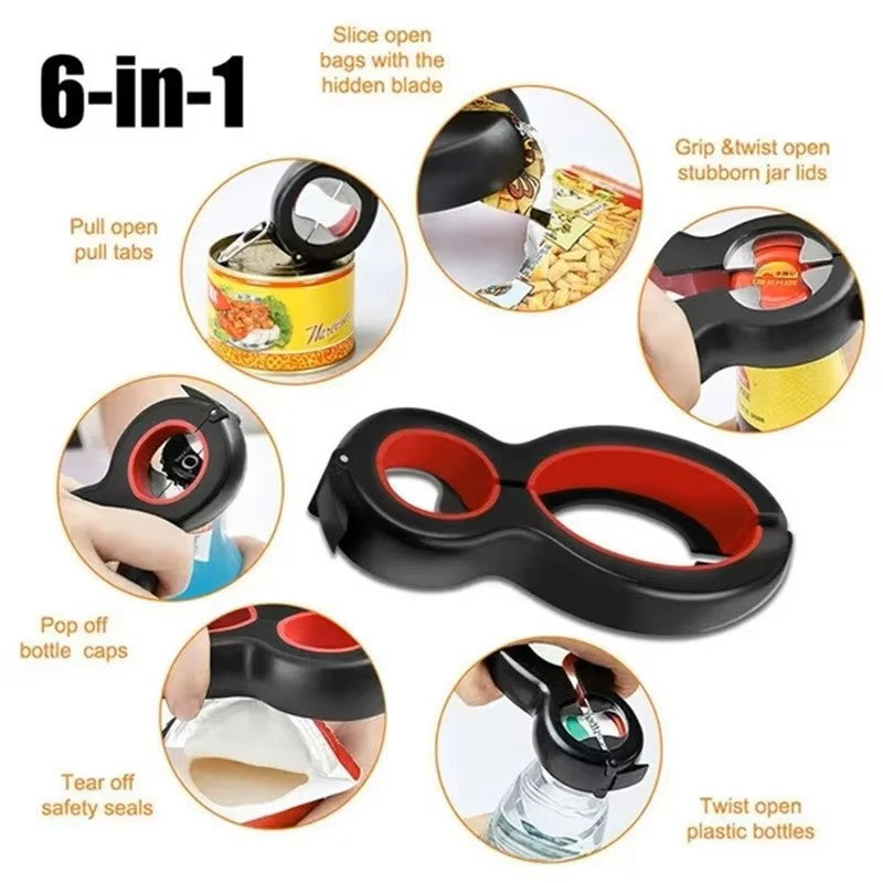 Multifunctional 6-in-1 Can Opener & Jar Gripper, Universal Manual Bottle Opener for Seniors with Arthritis, All-in-One Kitchen Tool for Cans, Lids, and Tabs